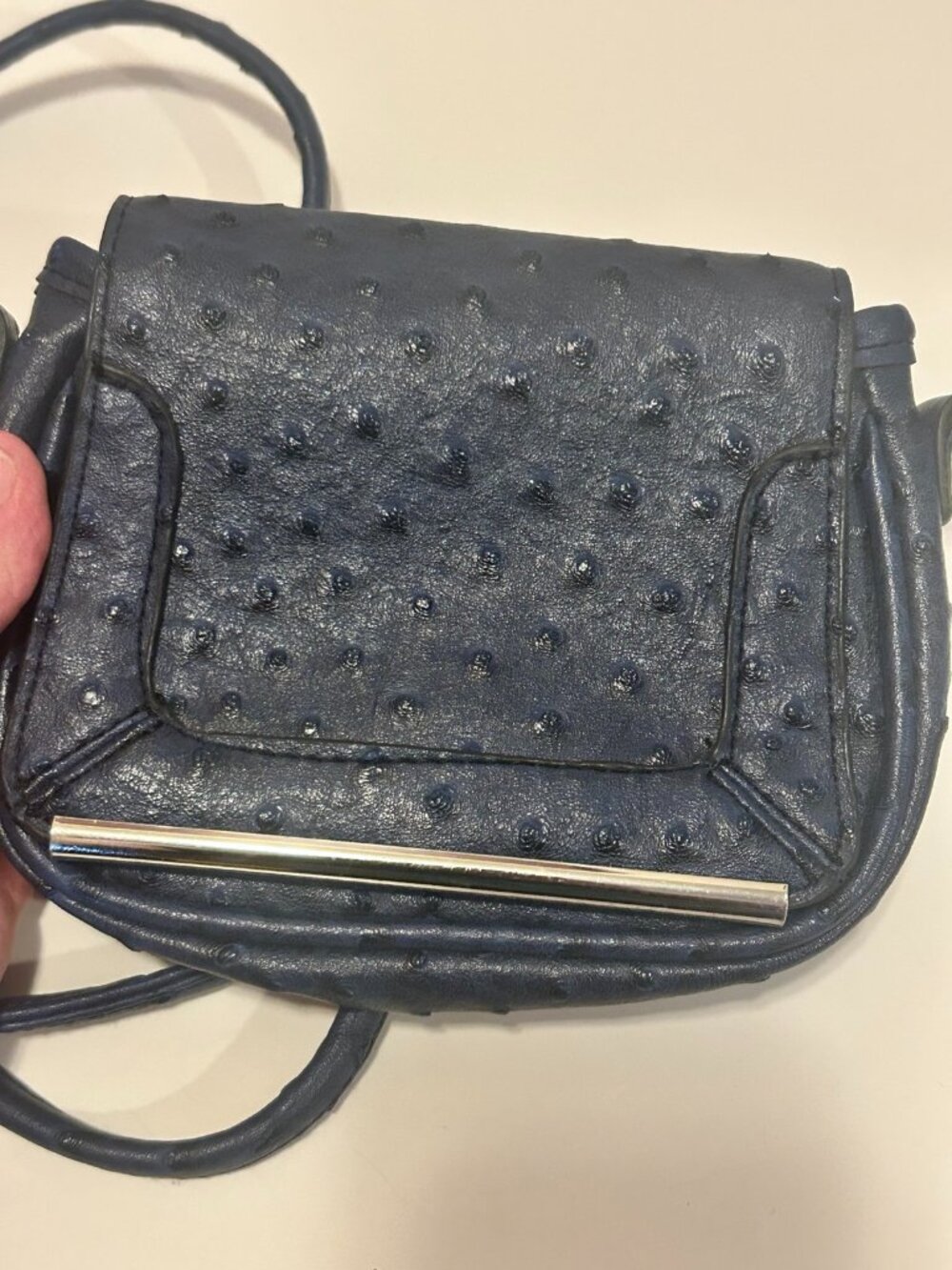 Morona Navy Faux Ostrich textured  Crossbody Bag with Gold tone hardware